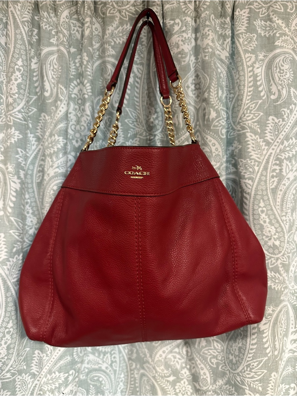 Coach Red Leather Shoulder Bag with Gold Chain Straps